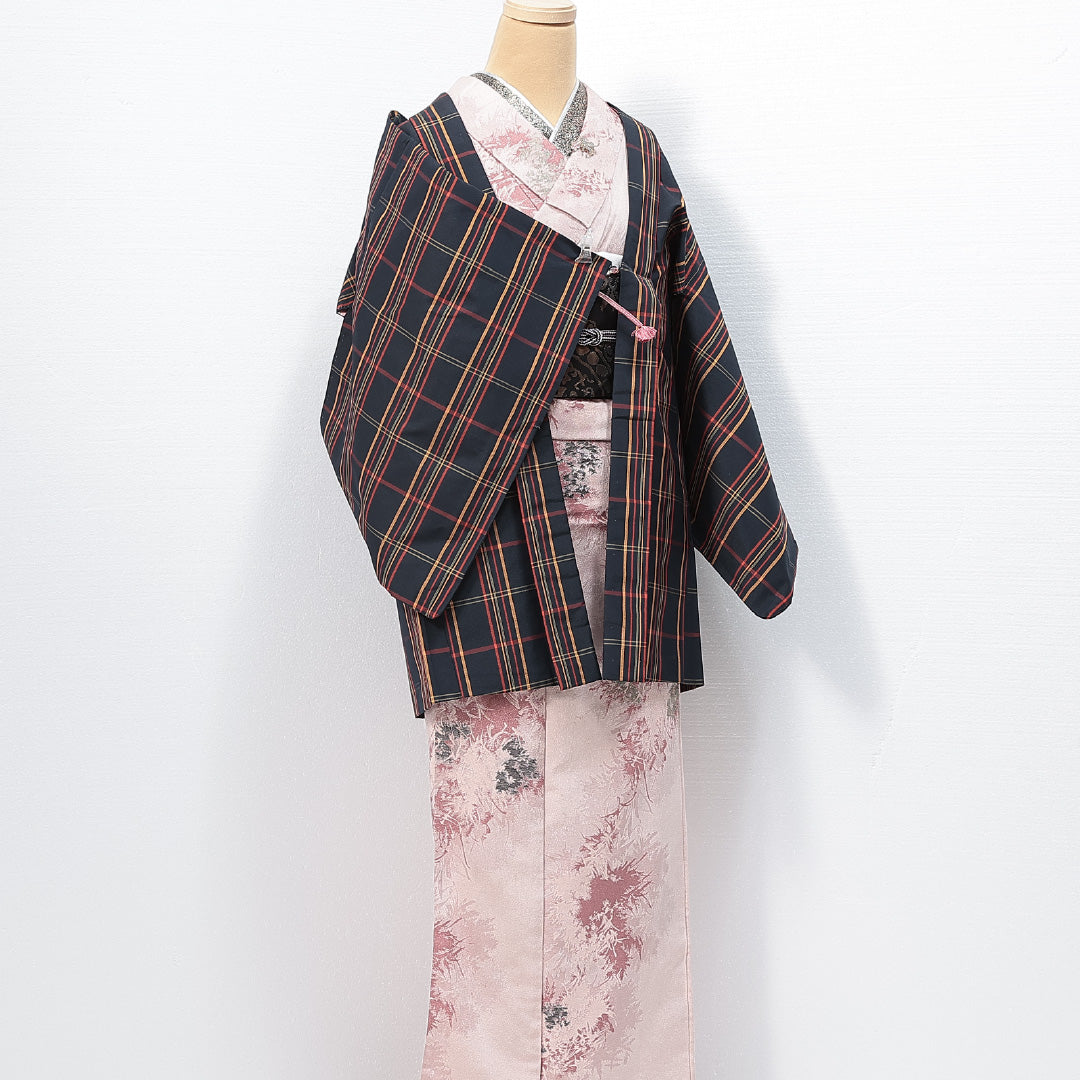 黒羽織 袷 身丈80cm 裄丈62cm 正絹 Sランク インフォーマル Sサイズ 紐あり 格子 多色系 RP 1233-14691