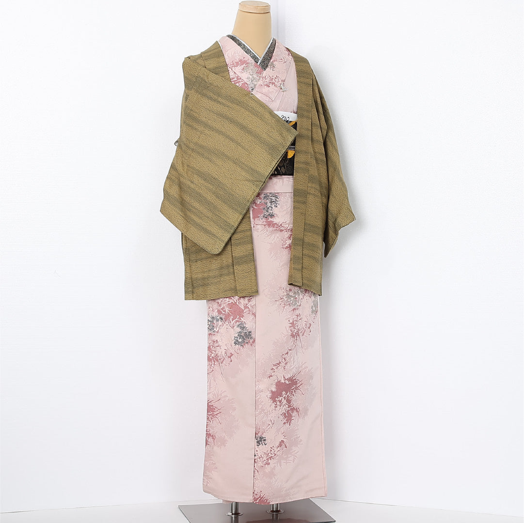 羽織 袷 身丈79cm 裄丈65cm 正絹 Sランク カジュアル Mサイズ 紐あり 芝草 茶系 RP 1232-12526