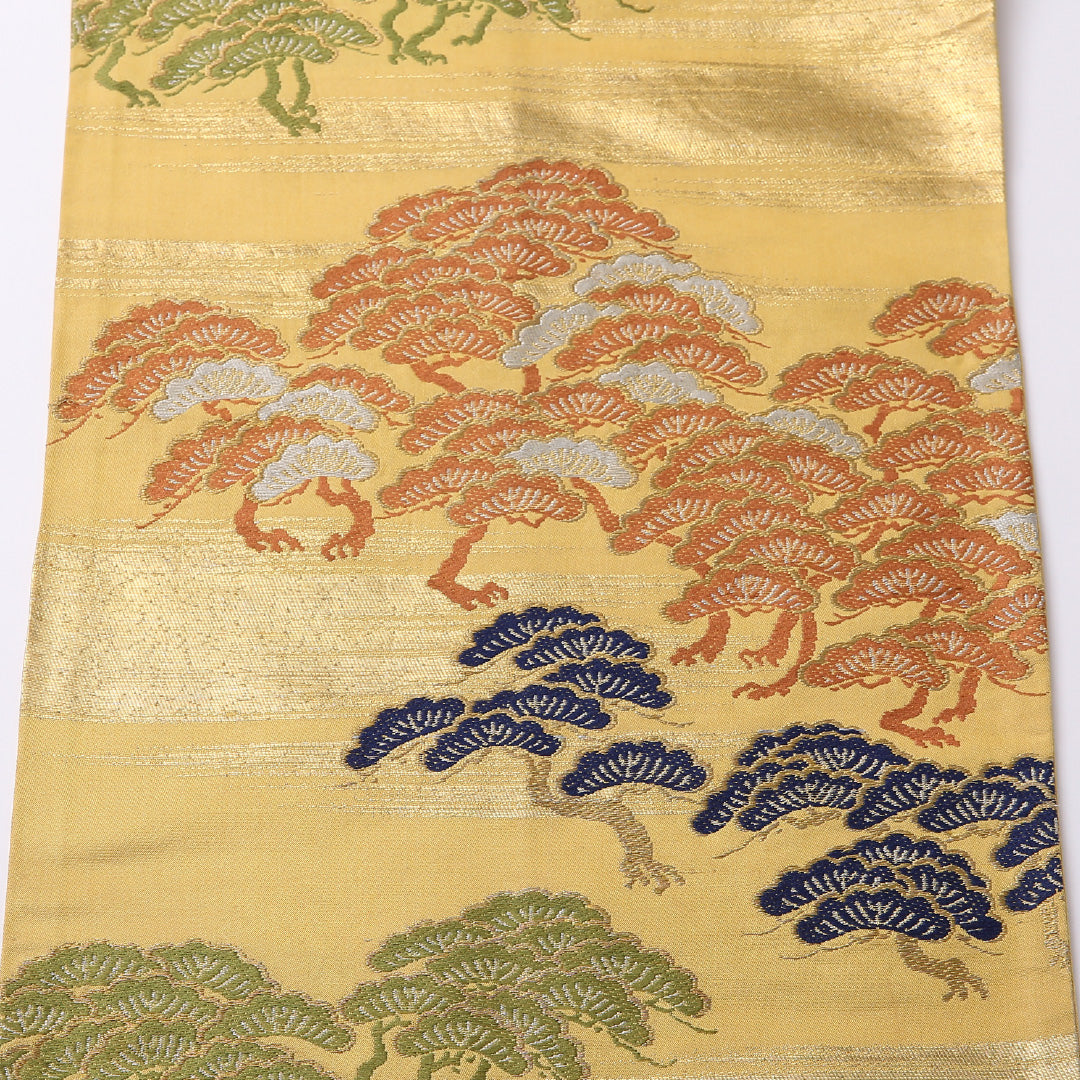 アンティーク 九寸名古屋帯 Aランク 帯丈337cm 正絹 六通 名古屋仕立て 帯芯なし 織り 松 黄系 RP 1245-02556