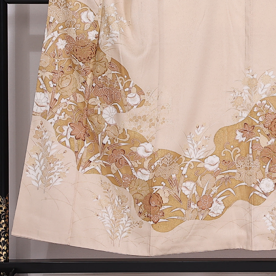 色留袖 一つ紋 身丈151cm 裄丈62cm Cランク 正絹 袷 広衿 S 金駒刺繍 桐 梅 セミフォーマル クリーム系 1211-F0284
