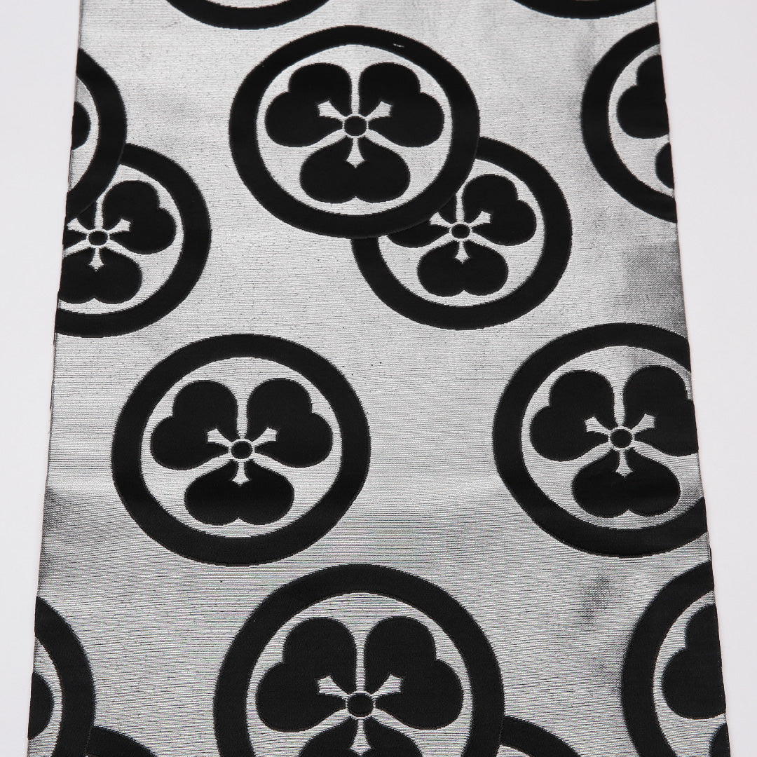 名古屋帯 帯丈362cm Sランク 名古屋仕立て 六通 正絹 家紋柄 舞台用 セミフォーマル グレー系 1224-01605