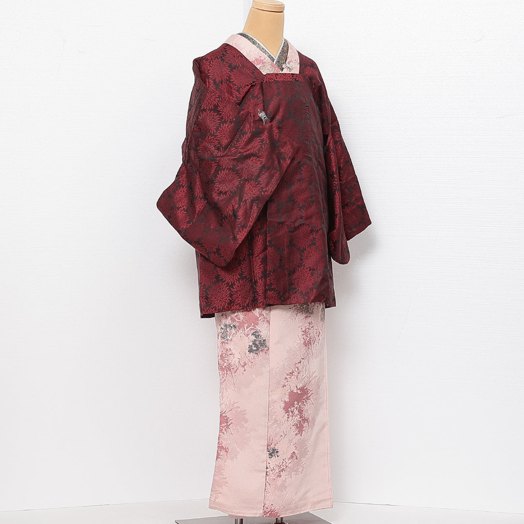 アンティーク 道行コート 単衣 身丈82cm 裄丈64cm 正絹 Aランク Mサイズ 菊 赤系 RP 1237-13864