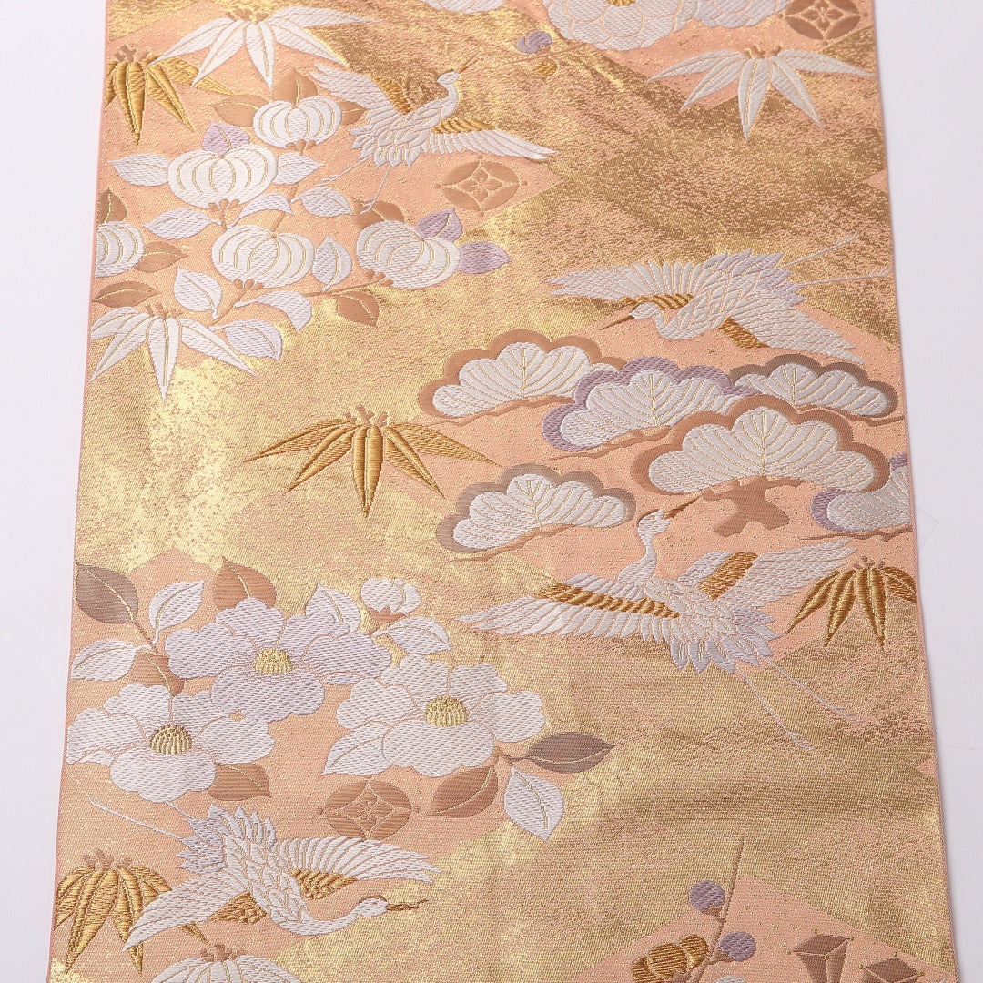 袋帯 帯丈444cm 正絹 六通 フォーマル 松鶴 四季草花 ピンク系 金系 1243-01605