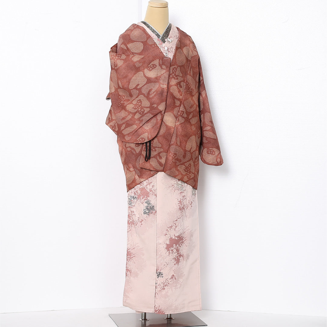 道中着 袷 身丈79cm 裄丈63cm 正絹 Sランク カジュアル Sサイズ 花柄 赤系 RP 1236-12905