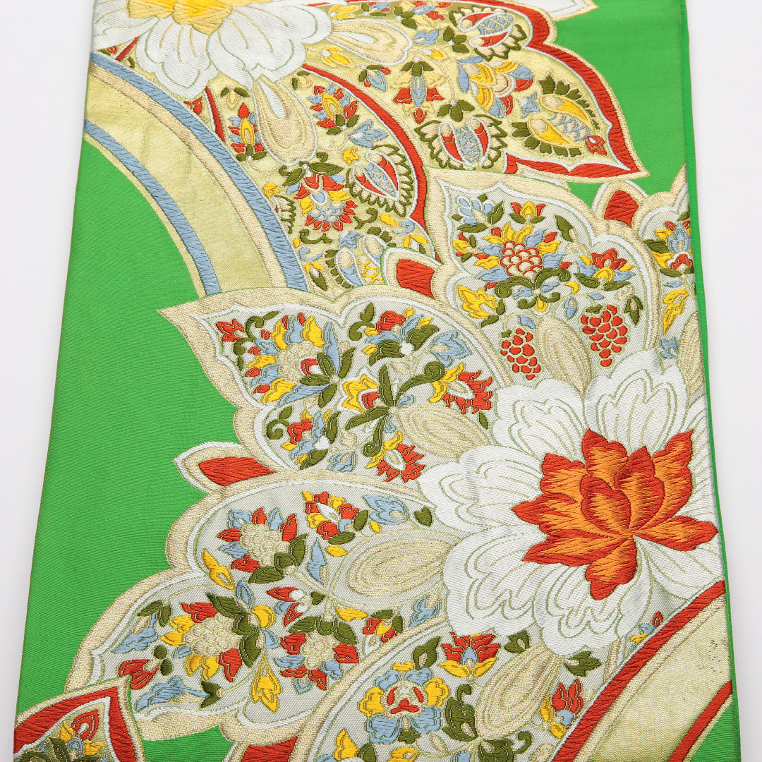振袖用 袋帯 帯丈422cm 正絹 六通 唐織 宝相華 緑系 1243-01333