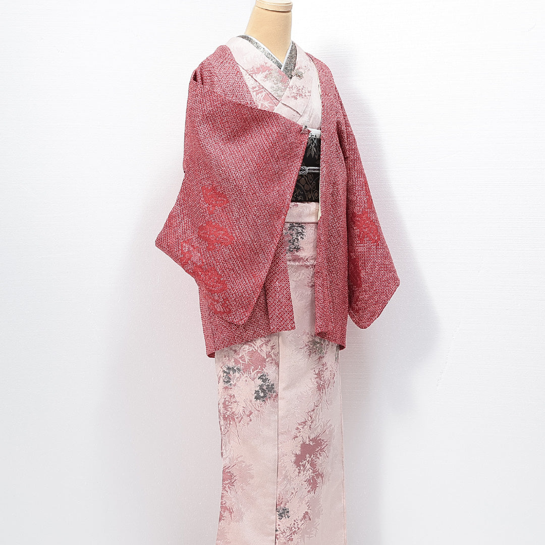 未使用品 絵羽羽織 袷 身丈78cm 裄丈64cm 正絹 Nランク インフォーマル Mサイズ 絵羽羽織 しつけ糸 花柄 赤系 RP 1234-14690