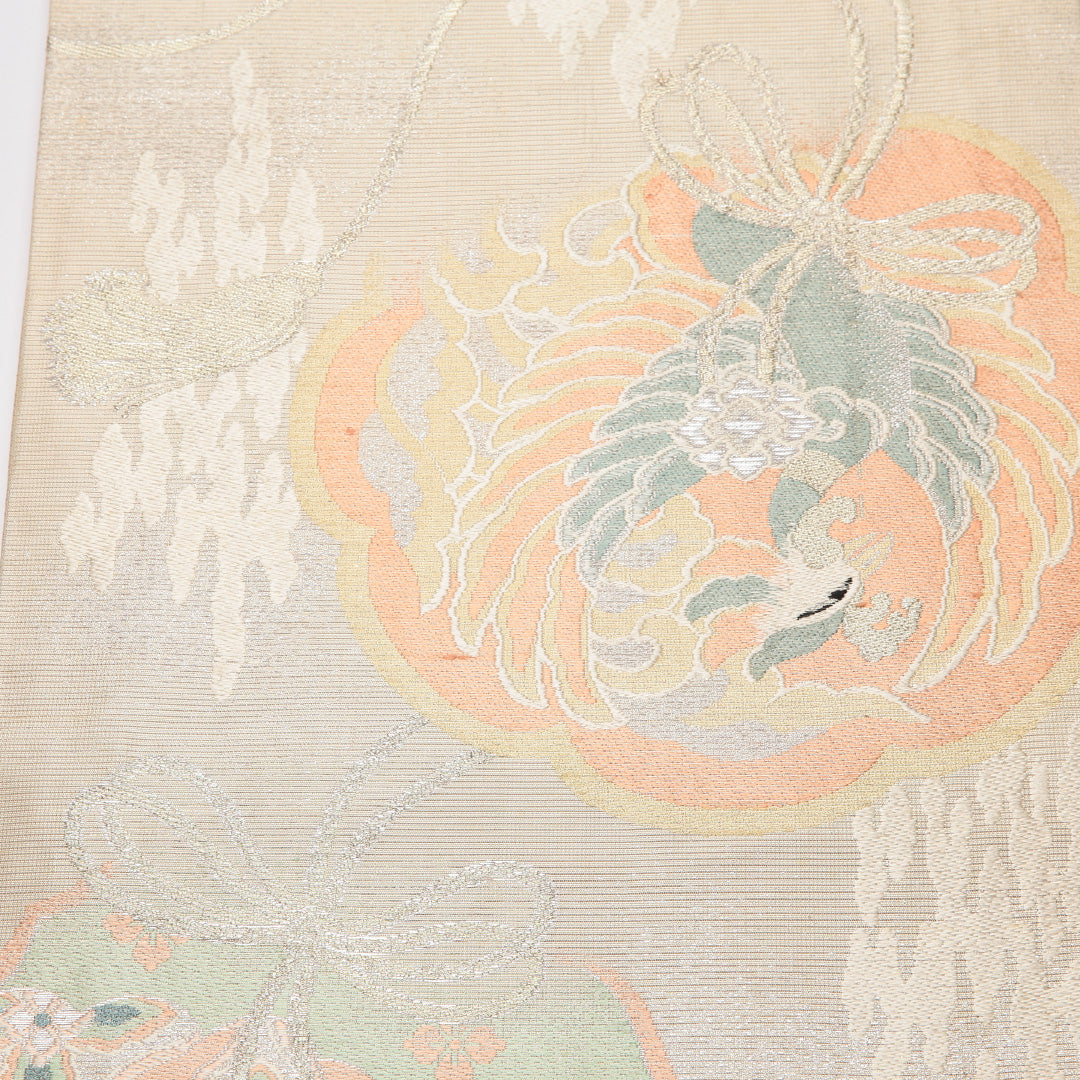 アンティーク 夏物 丸帯 帯丈404cm 正絹 全通 鏡裏文 鳳凰 クリーム系 1242-01258