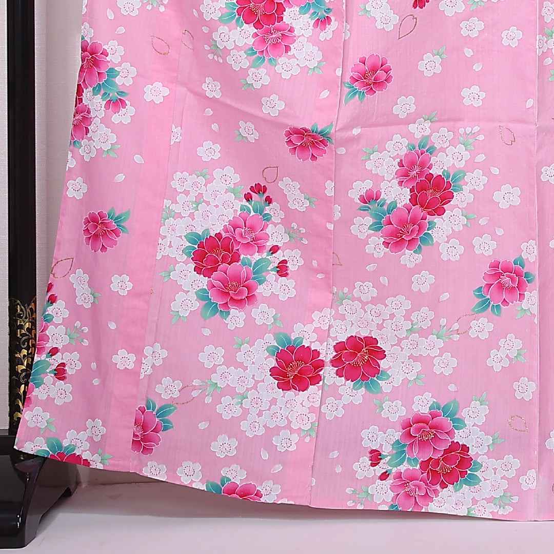 夏物 洗える着物 木綿の浴衣 夏物 身丈165cm 裄丈66cm 木綿 Aランク カジュアル バチ衿 XLサイズ 花柄 ピンク系 RP 1225-12454