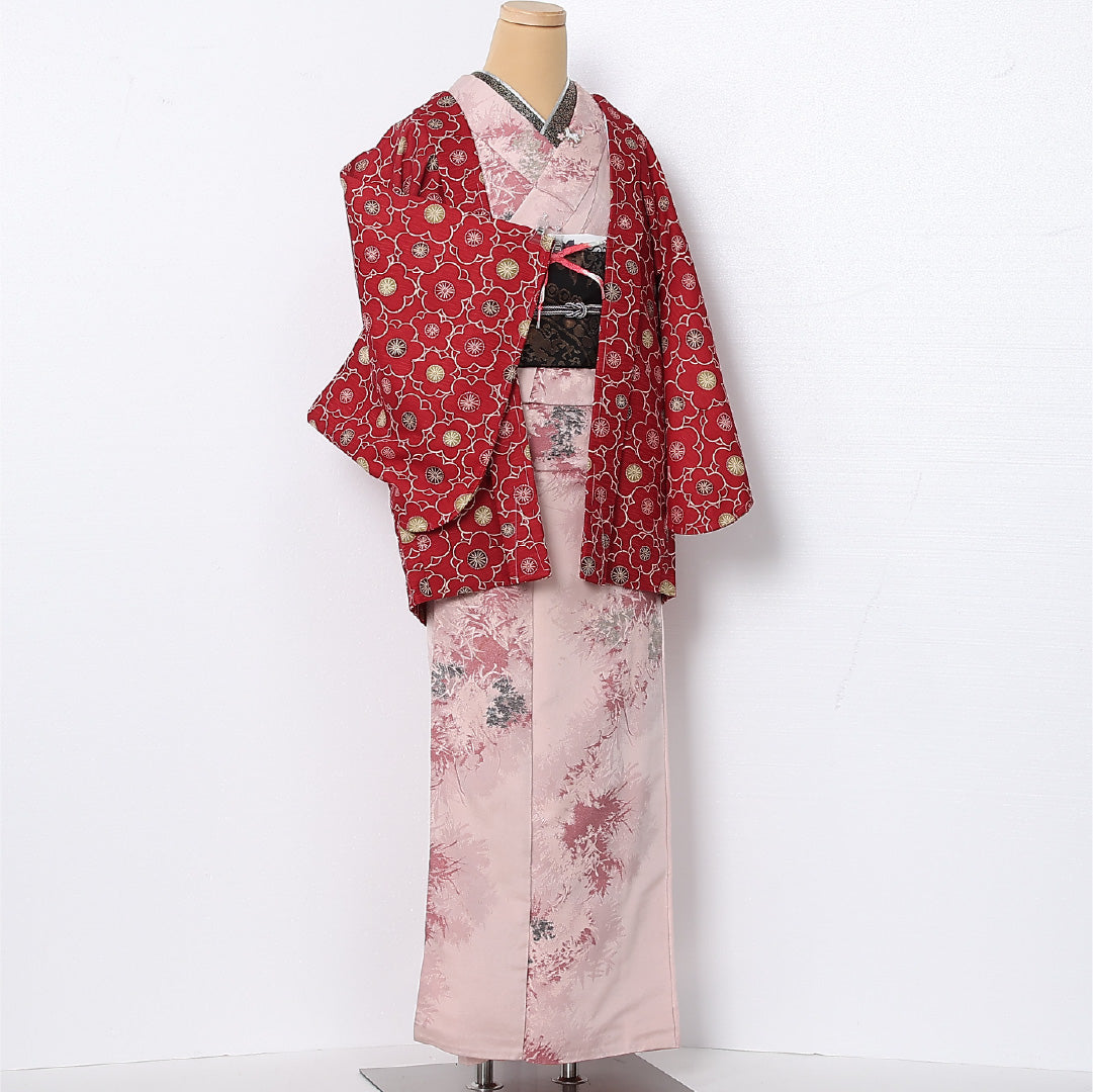 洗える着物 羽織 袷 身丈75cm 裄丈64cm ポリエステル Sランク カジュアル Mサイズ 紐あり 梅 赤系 RP 1232-12805