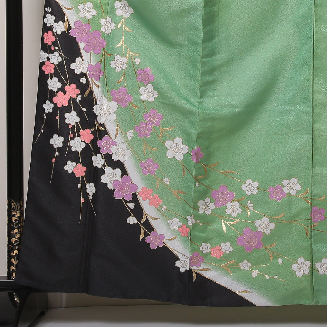 訪問着 単衣 身丈160~164cm 裄70cm ポリエステル 洗える着物 桜や梅 舞台用 緑系 Bランク 1212-00593