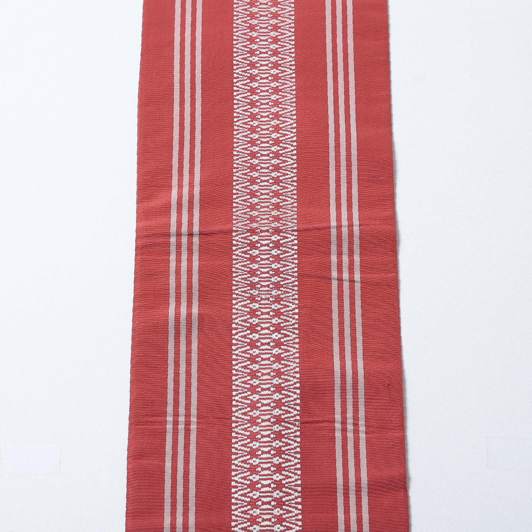 本場筑前 半幅帯 帯丈348cm 博多織 正絹 小袋帯 全通 仕立て上がり カジュアル Aランク 独鈷華皿 赤系 1225-000193-312 1225-000193