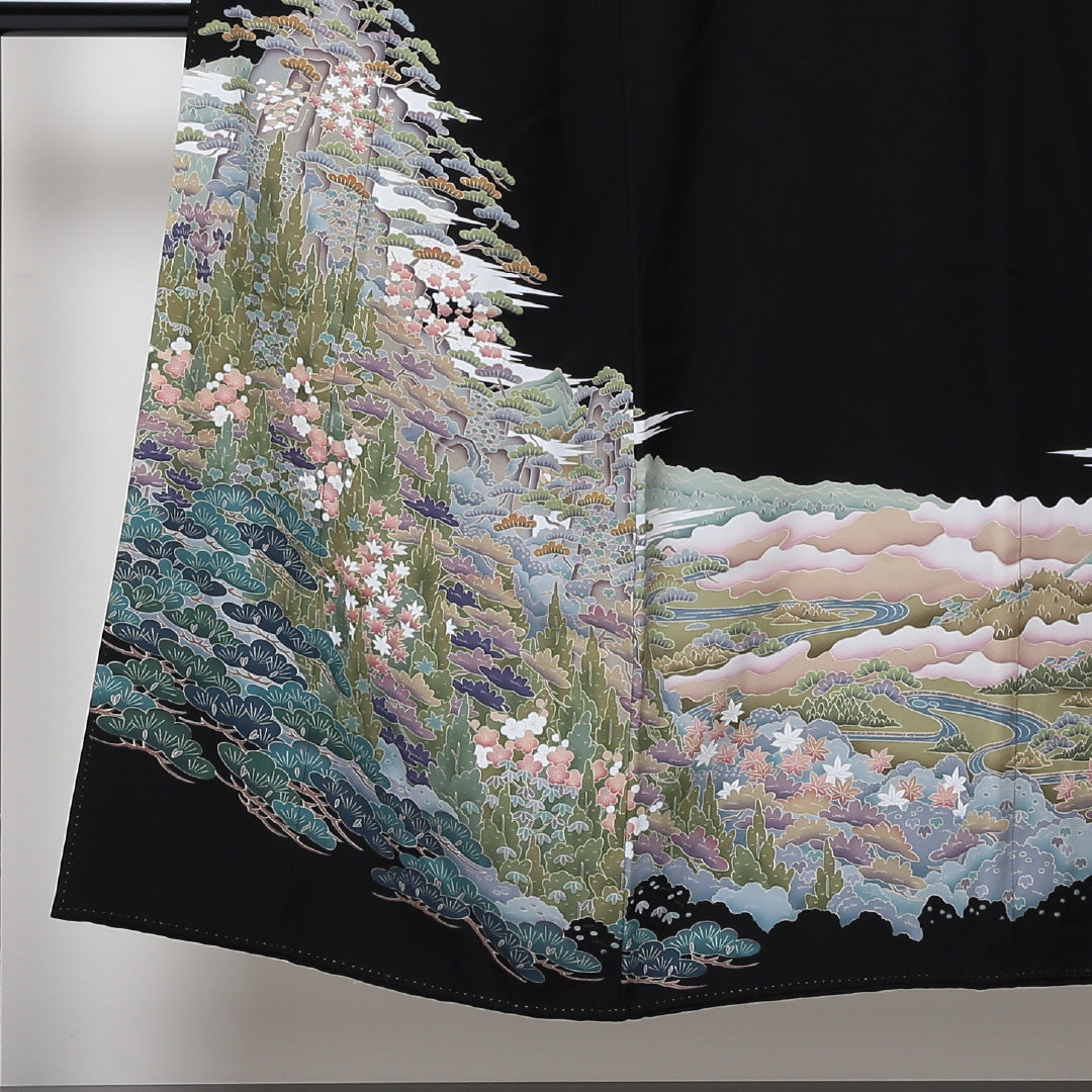 黒留袖 五つ紋 丸に木瓜 翠晶 身丈147cm 裄丈63cm Aランク 正絹 袷 比翼 広衿 XS 作家物 落款 京友禅 山水 フォーマル 黒系 1211-F0192