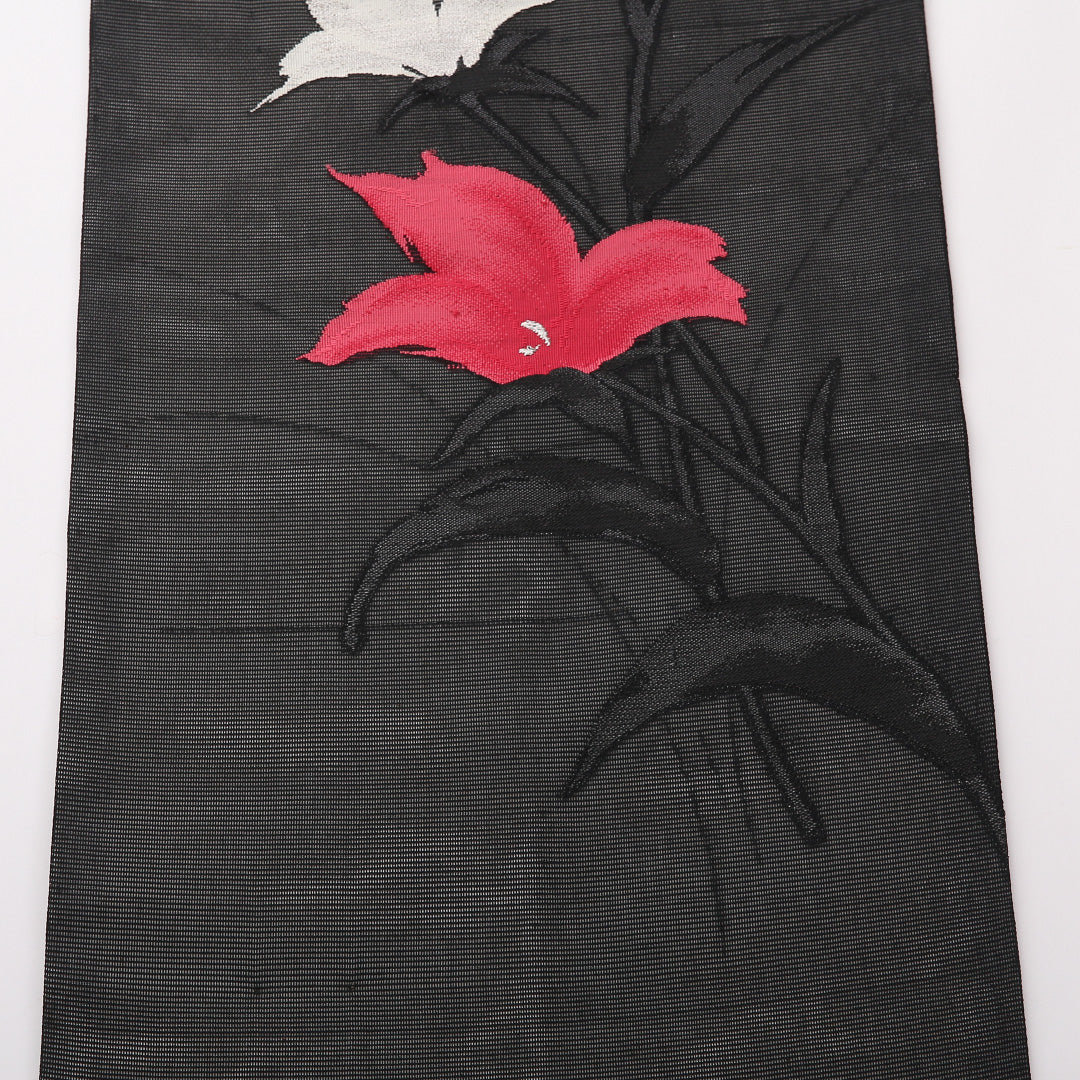 未使用品 九寸名古屋帯 (夏帯) Nランク 帯丈351cm 正絹 ポイント柄 名古屋仕立て 織り インフォーマル 花柄 黒系 RP 1245-02377
