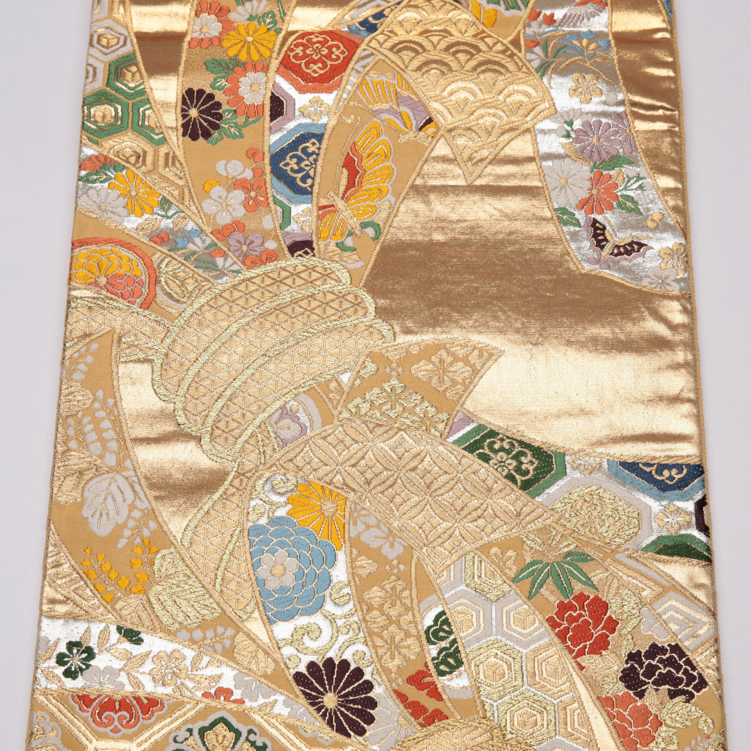 袋帯 帯丈442cm 正絹 六通 フォーマル 熨斗 古典柄 金系 1243-01115