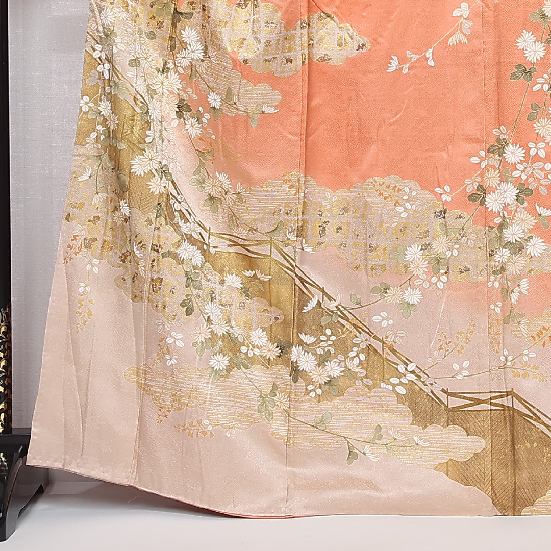 訪問着 袷 身丈163cm 裄丈64cm 正絹 Aランク セミフォーマル 広衿 Lサイズ 雲取り 菊 箔 朱系 M4 1217-12163