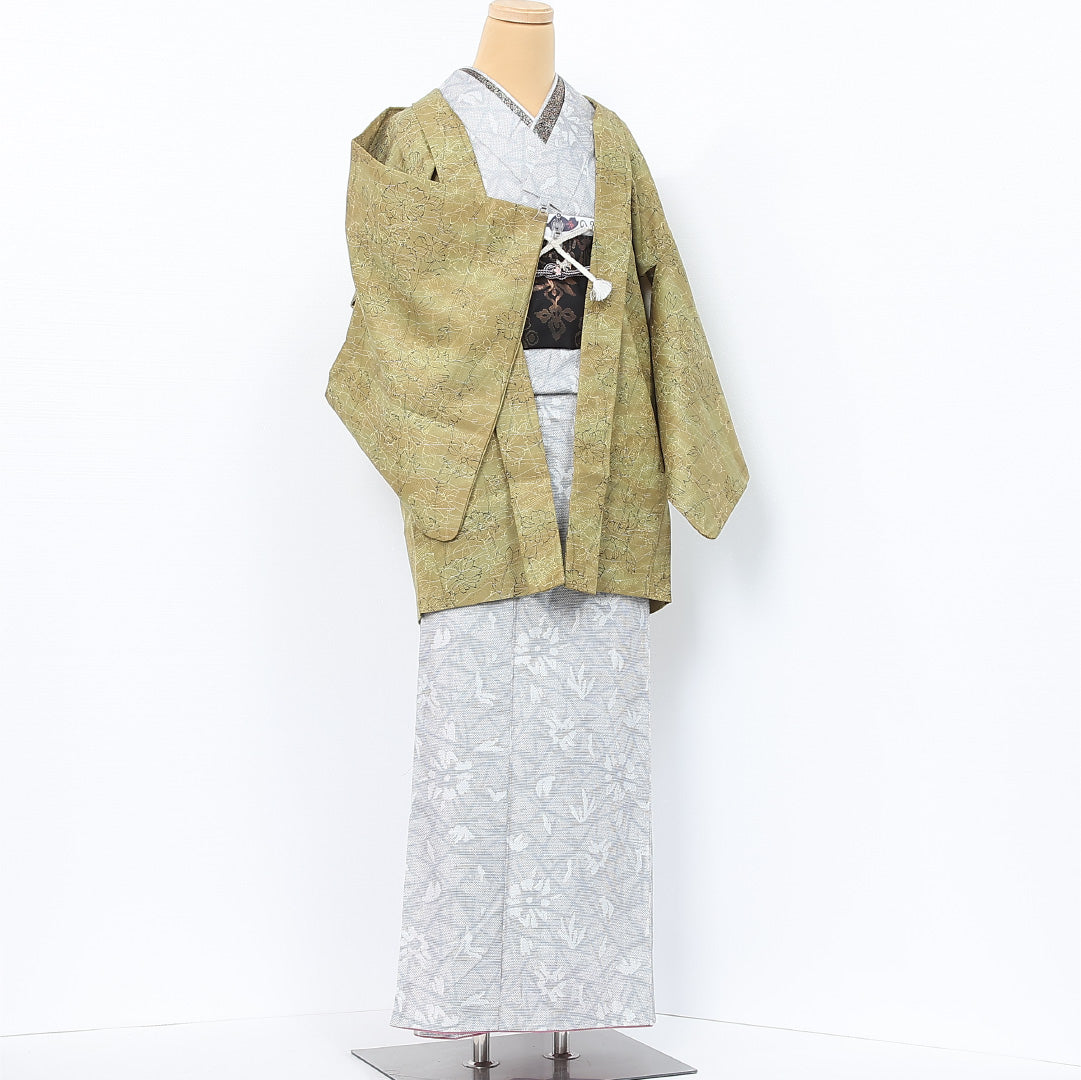 洗える着物 羽織 袷 身丈78cm 裄丈64cm ポリエステル Bランク カジュアル Mサイズ ぼかし染 紐あり 植物柄 緑系 HP 1232-12078