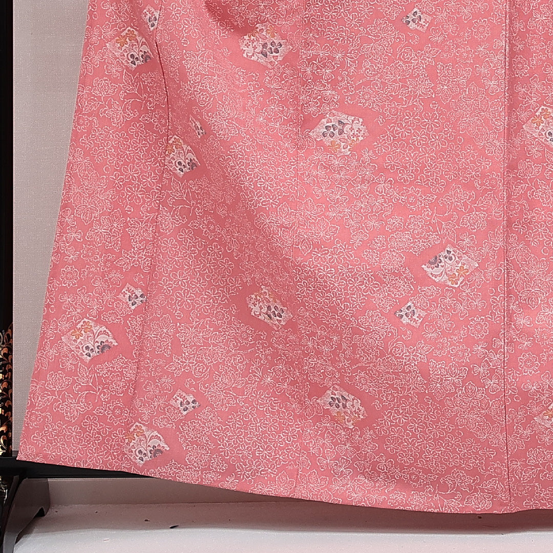 洗える着物 ウールの紬 単衣 身丈162cm 裄丈63cm ウール Sランク カジュアル バチ衿 Lサイズ 居敷当て 肩当て 梅 蔦 ピンク系 RP 1223-14355