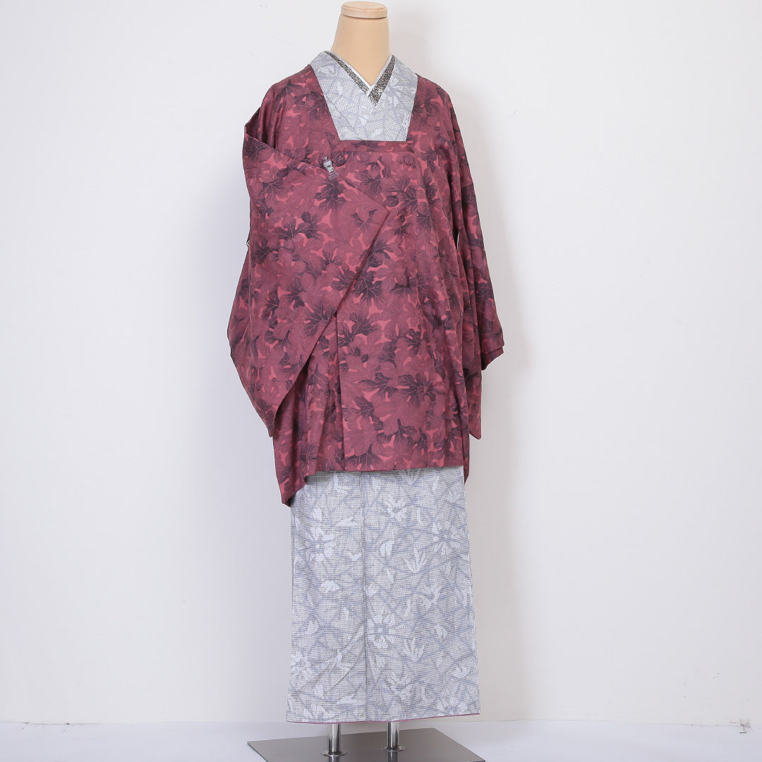道行コート 袷 身丈88cm 裄丈66cm 正絹 Sランク Mサイズ 植物柄 ピンク系 RP 1237-05905