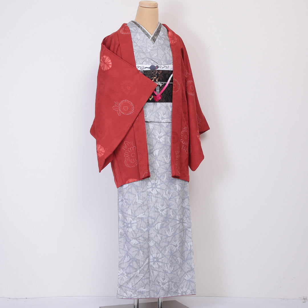 羽織 袷 身丈80cm 裄丈65cm 正絹 Sランク 紋意匠 (植物柄) カジュアル Mサイズ 絞り 紐あり 花柄 赤系 RP 1232-06035