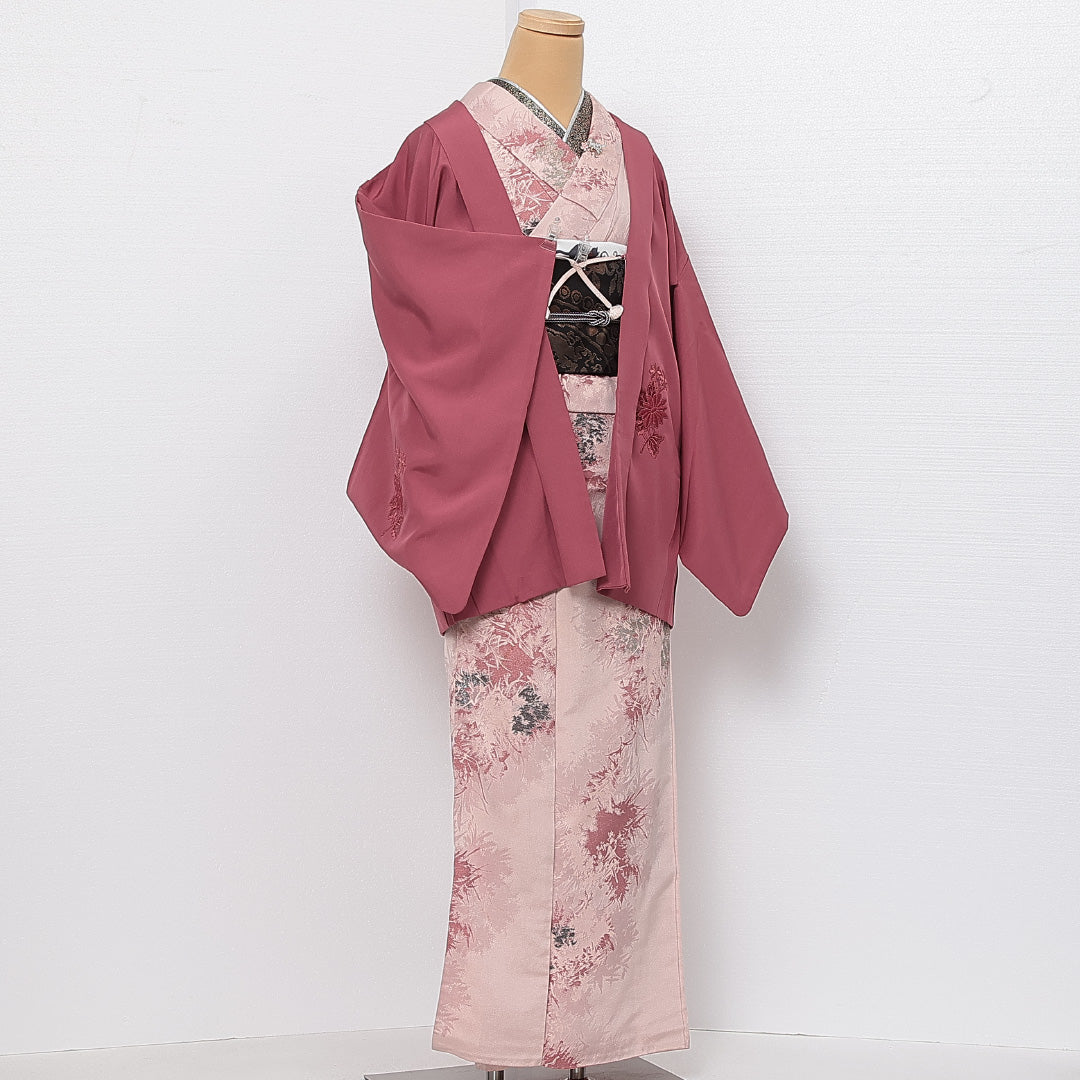 羽織 袷 身丈76cm 裄丈64cm 正絹 Sランク カジュアル Mサイズ オーガンジー 刺繍 紐あり 菊 ピンク系 RP 1232-13854
