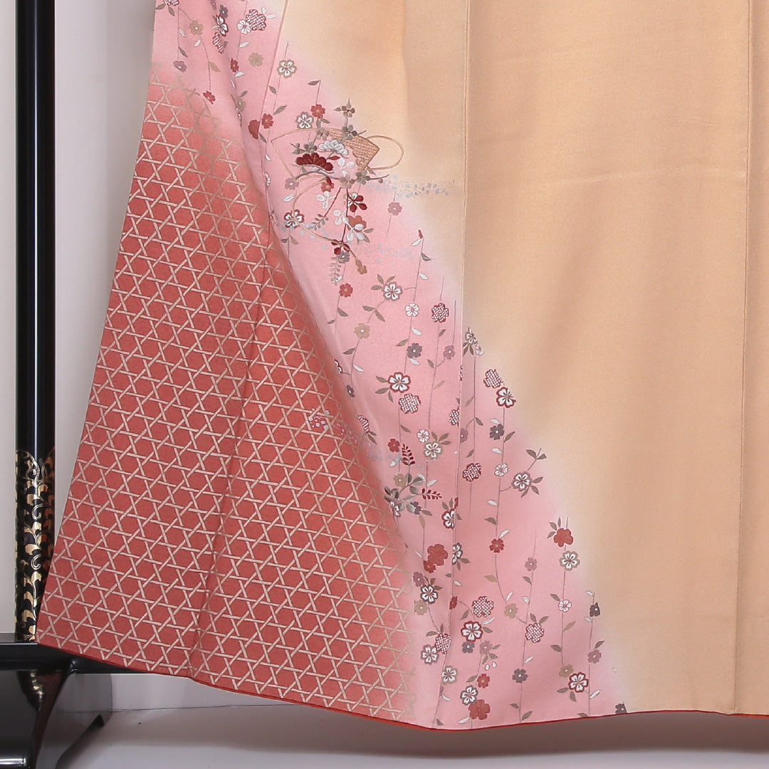 訪問着 袷 身丈160cm 裄丈64cm 正絹 Aランク セミフォーマル 広衿 Lサイズ ぼかし染 金彩 汕頭刺繍 扇 籠目 花柄 クリーム系 RP 1217-04584