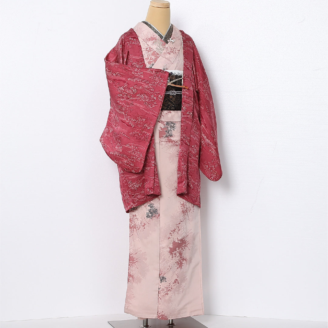 羽織 袷 身丈83cm 裄丈64cm 正絹 Cランク カジュアル Mサイズ 紐あり 茶屋辻 ピンク系 HP 1232-12804
