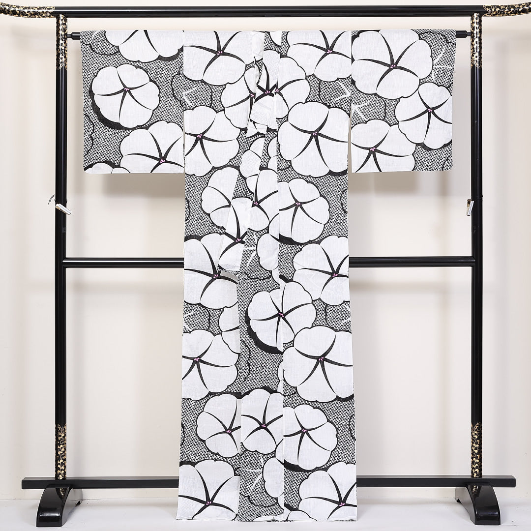 新品 綿麻 浴衣 身丈163cm 裄丈67cm 洗える着物 鹿の子柄 梅 白系 Nランク 1218-00086