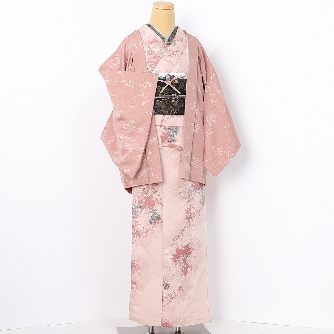羽織 袷 身丈75cm 裄丈63cm 正絹 Sランク カジュアル Sサイズ 紐あり 唐草 ピンク系 RP 1232-12560
