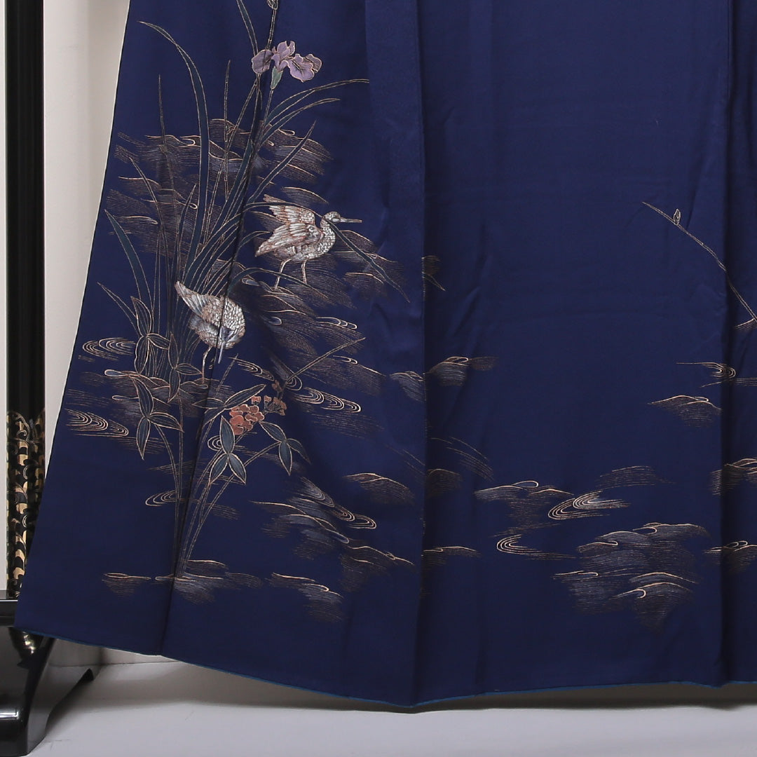 訪問着 袷 身丈160~164cm 裄69cm 正絹 鴛鴦や菖蒲 金彩 青系 Bランク 1212-00594