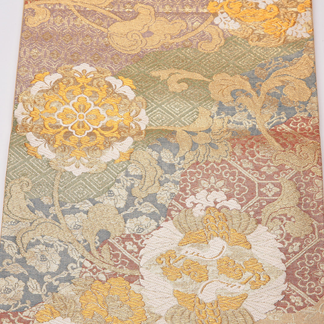 袋帯 帯丈418cm 正絹 六通 フォーマル 蜀江 花菱 金系 1243-01310