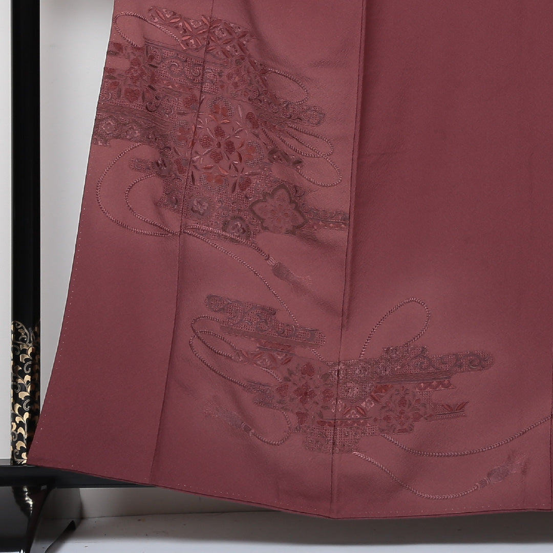 訪問着 袷 身丈162cm 裄丈65cm 正絹 Sランク セミフォーマル 広衿 Lサイズ 蘇州刺繍 汕頭刺繍 唐草華文 組紐 赤系 PO 1217-04385