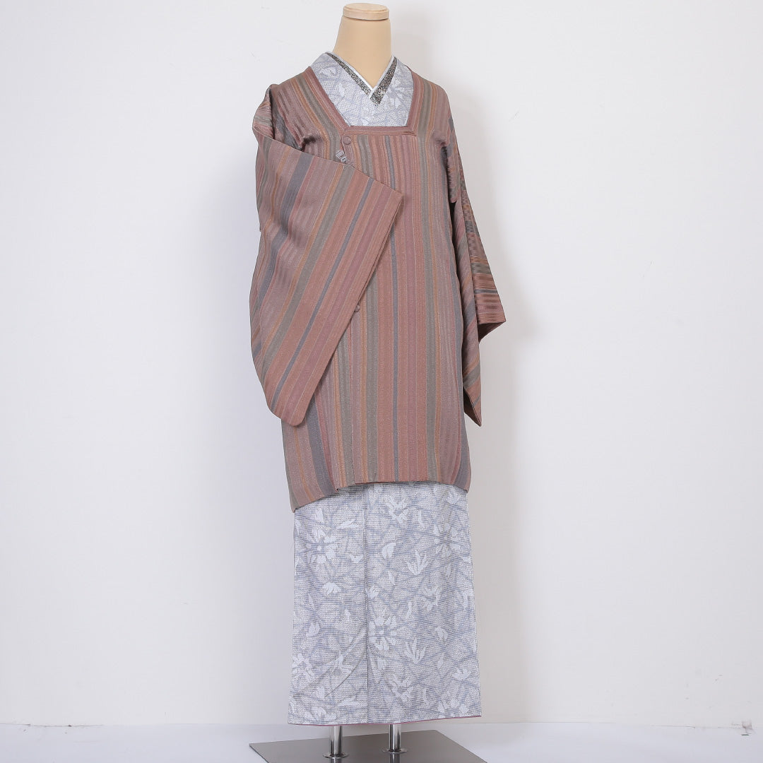 道行コート 袷 身丈91cm 裄丈65cm 正絹 Sランク Mサイズ フォーマル ガード加工 縞 ピンク系 ベージュ系 1263-05888