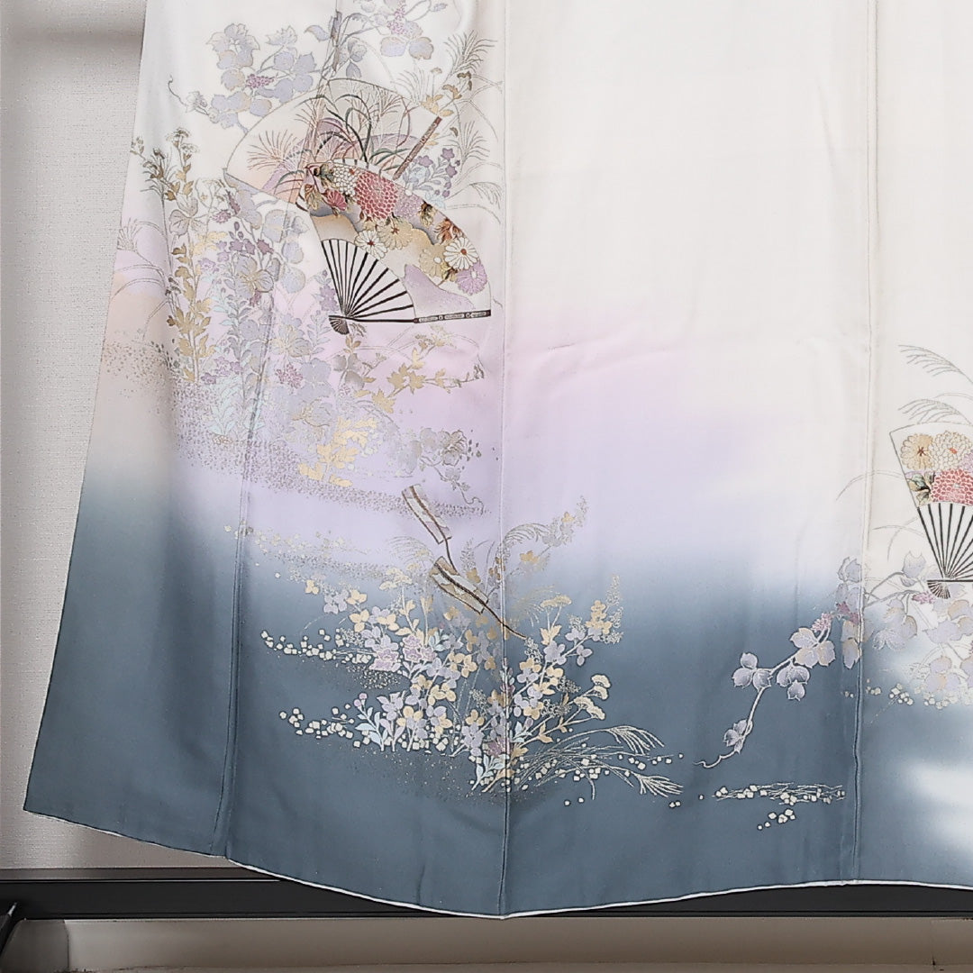 訪問着 袷 身丈147cm 裄丈63cm Sランク 正絹 広衿 XSサイズ セミフォーマル 扇 菊 古典的 気品 白系 1212-13596