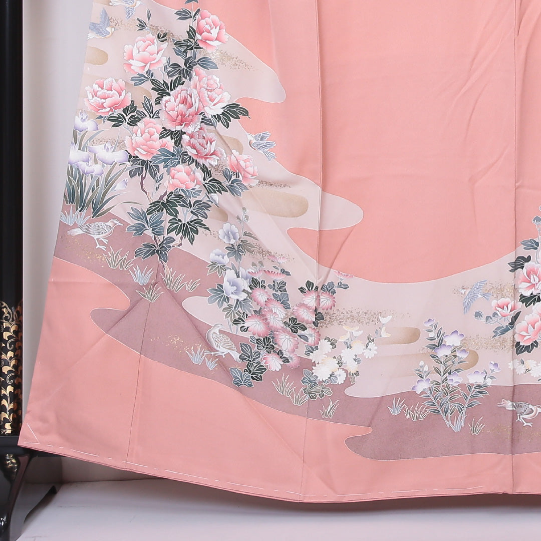 色留袖 一つ紋 剣片喰 身丈163cm 裄丈64.5cm Sランク 正絹 袷 広衿 L 金彩 牡丹 セミフォーマル ピンク系 1211-F0219