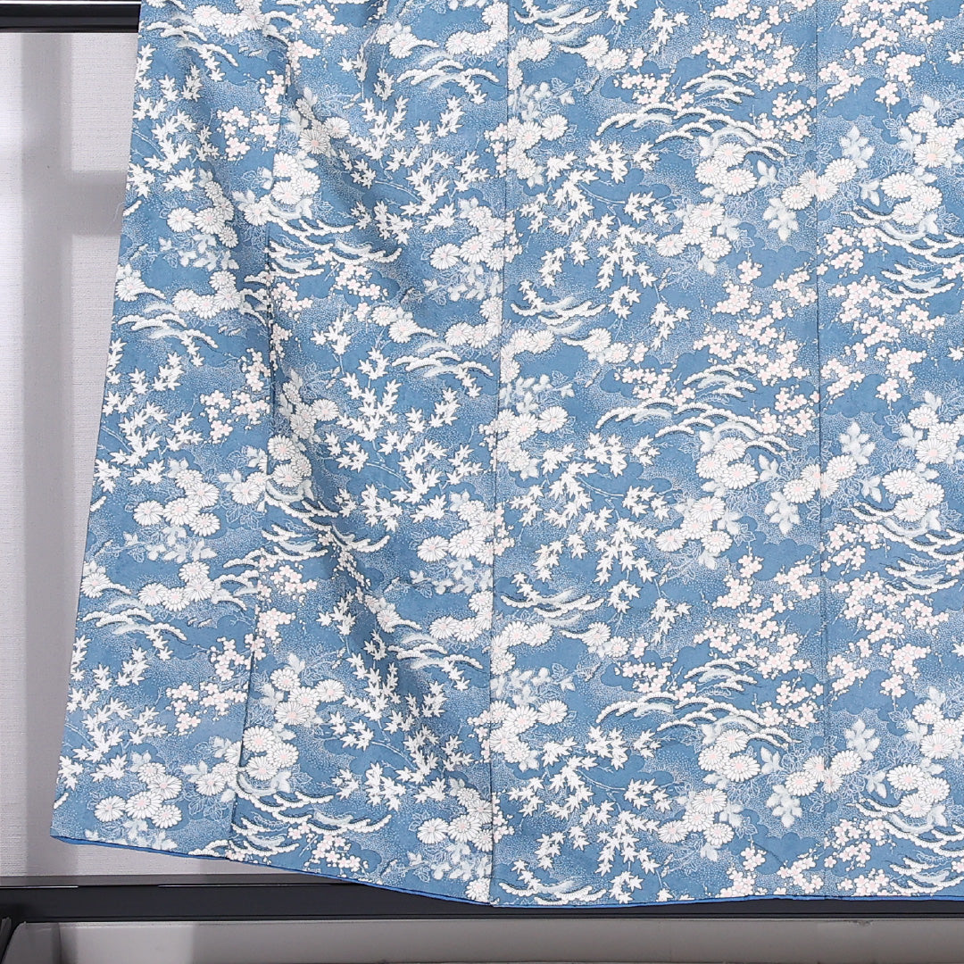 小紋 袷 身丈152cm 裄丈62cm 正絹 Sランク インフォーマル 広衿 Sサイズ 菊 紅葉 青系 RP 1221-11566
