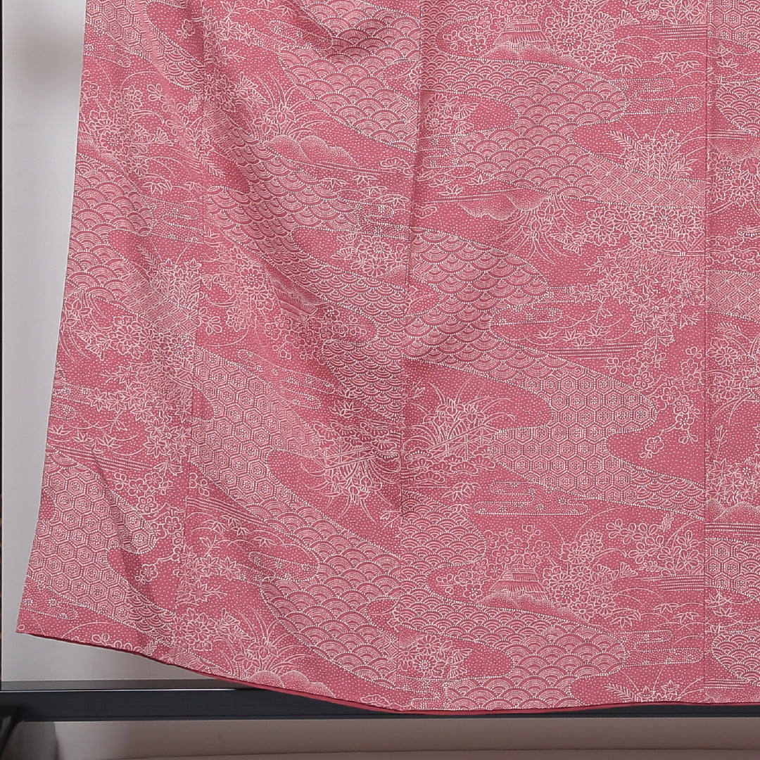 小紋 袷 身丈157cm 裄丈64cm 正絹 Aランク Mサイズ バチ衿 インフォーマル ちりめん 茶屋辻 青海波 ピンク系 1215-01505