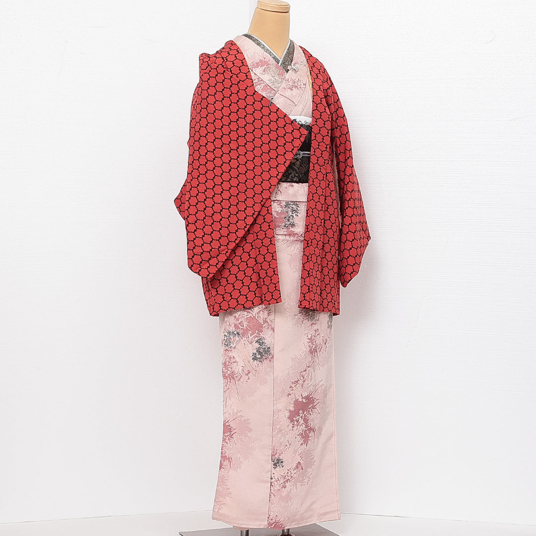 羽織 袷 身丈80cm 裄丈65cm 正絹 Sランク カジュアル Mサイズ 花柄 赤系 RP 1232-13865