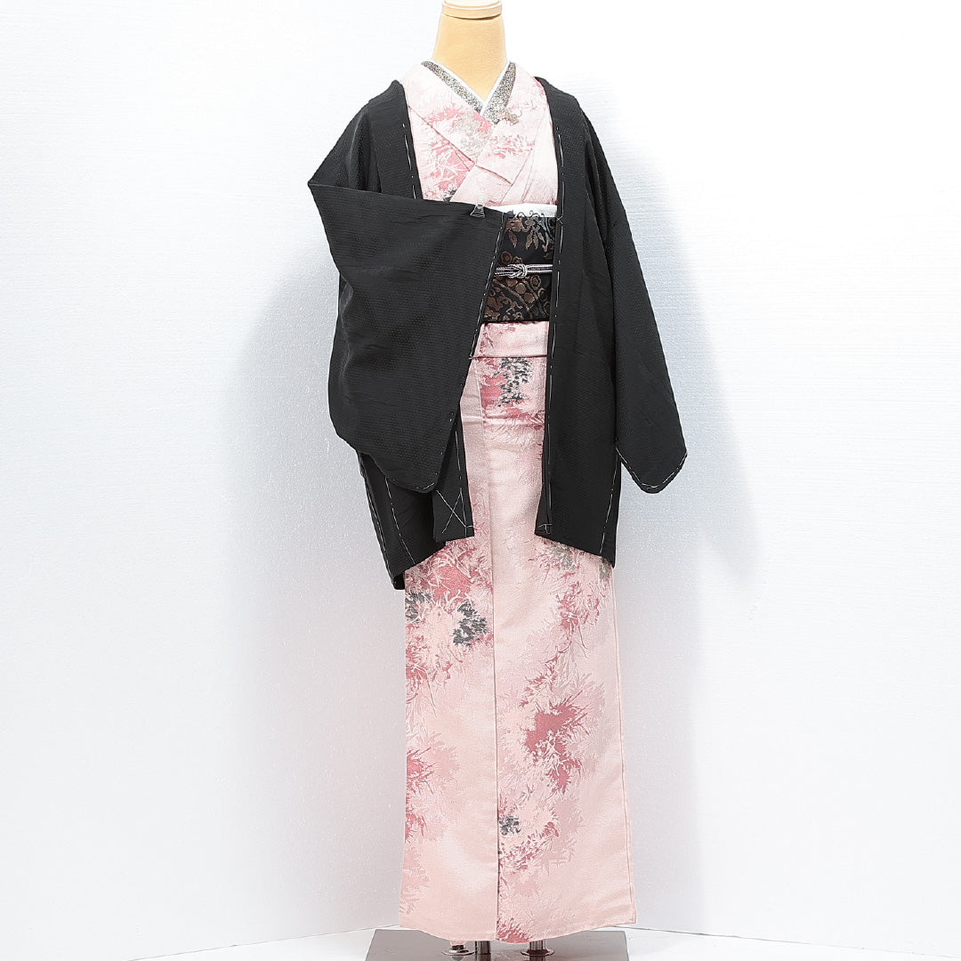 黒羽織 袷 身丈78cm 裄丈65cm 正絹 Aランク Mサイズ 一つ紋(梅鉢) セミフォーマル 織り出し 風景柄 黒系 1217-14752
