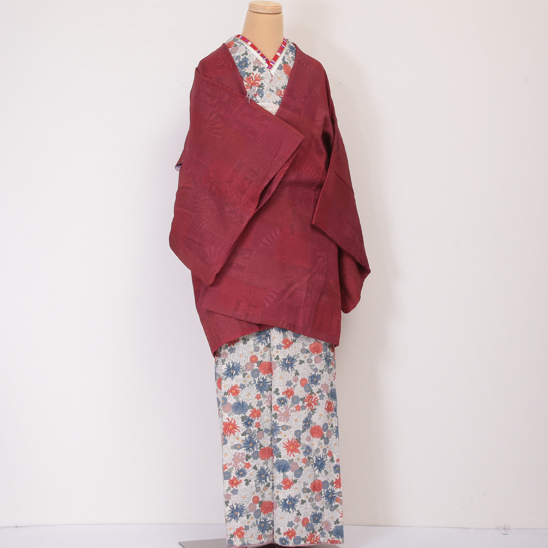 道中着 袷 身丈85cm 裄丈63cm 正絹 Aランク Sサイズ カジュアル ふくれ織 市松 赤系 1264-05748