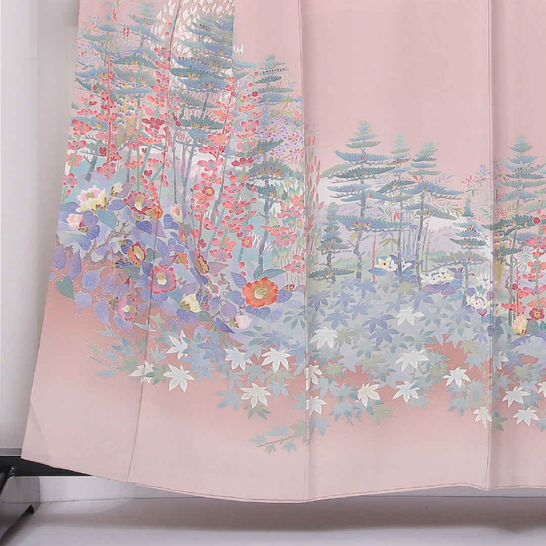 色留袖 袷 身丈158cm 裄65cm 正絹 一つ紋 手描き 椿 松 作家物 丸に剣片喰 乙女色 ピンク系 落款 Cランク 1211-00151