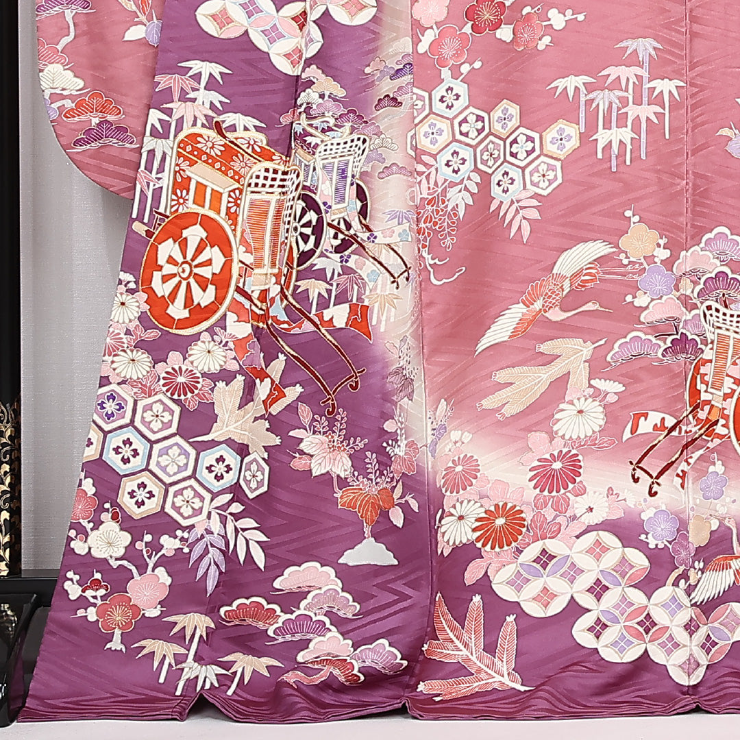 振袖 身丈173cm 裄丈69.5cm Sランク 正絹 袷 広衿 2XL 金駒刺繍 御所車 フォーマル 紫系 1213-F0516
