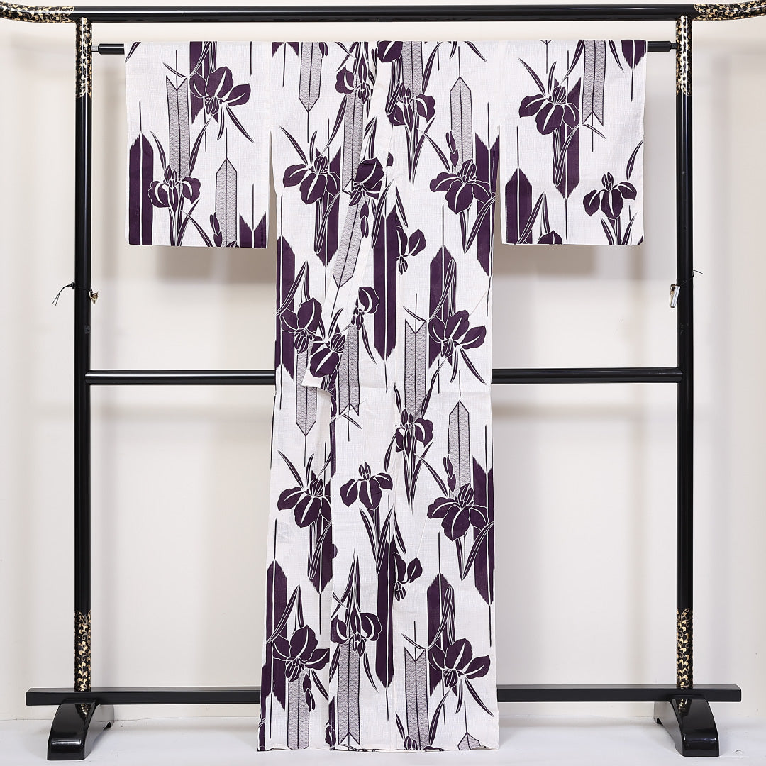 新品 綿麻 浴衣 身丈163cm 裄丈67cm 洗える着物 菖蒲 紫系 Nランク 1218-00083