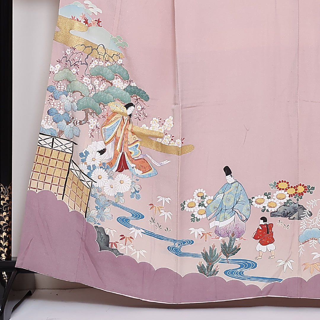 訪問着 袷 身丈162cm 裄63cm 正絹 一つ紋 平安絵巻 松 梅 右二つ巴 Bランク 1212-00694
