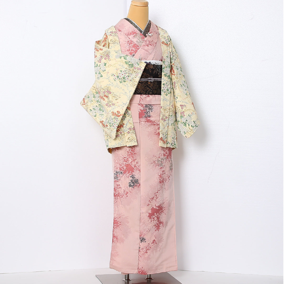 羽織 袷 身丈72cm 裄丈63cm 正絹 Sランク カジュアル Sサイズ 花柄 クリーム系 RP 1232-12902