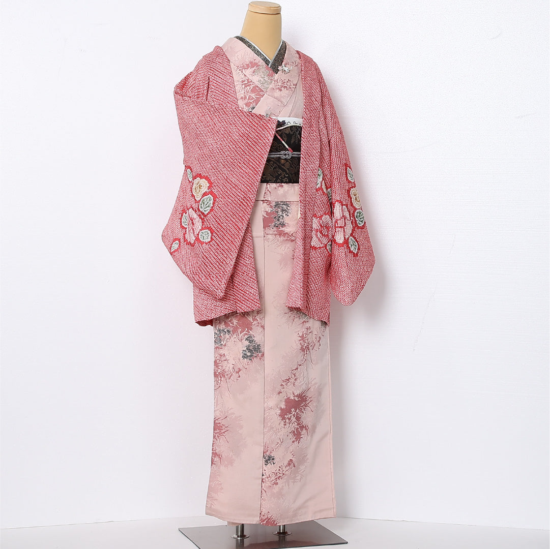 絵羽羽織 袷 身丈79cm 裄丈64cm 正絹 Bランク インフォーマル Mサイズ 紐あり 椿 ピンク系 RP 1234-12827