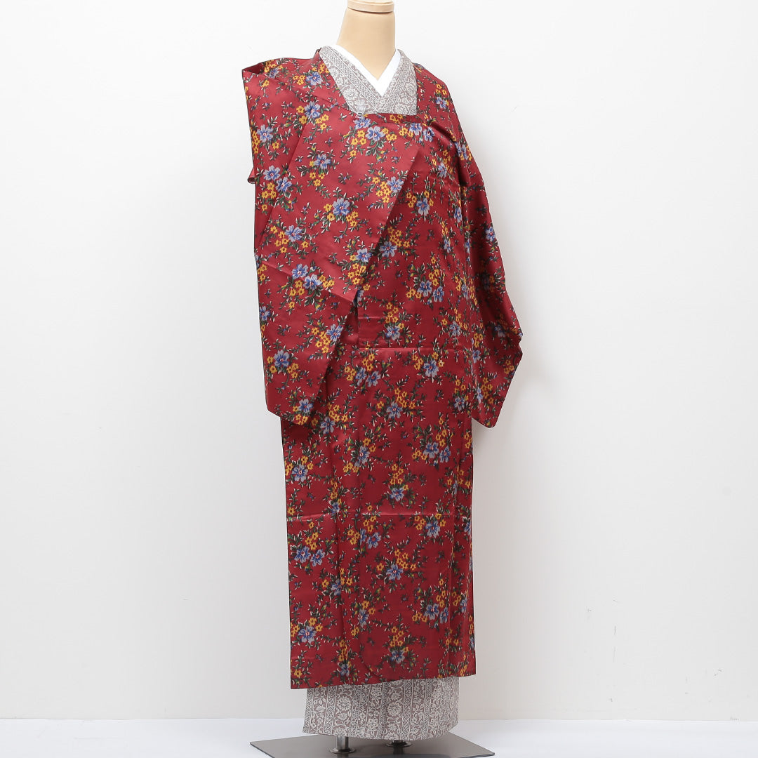 道行コート 洗える着物 袷 身丈128cm 裄丈65cm ポリエステル Cランク Mサイズ フォーマル 花柄 赤系 1263-05661