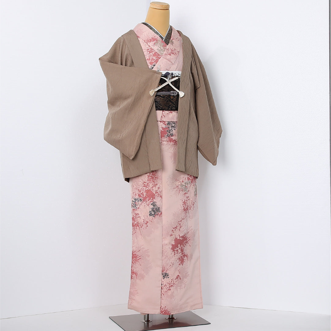 羽織 袷 身丈73cm 裄丈63cm 正絹 Sランク 一つ紋 (抱き茗荷) セミフォーマル Sサイズ 翠峰 織り出し 紐あり 証紙 創作柄 茶系 RP 1232-12600