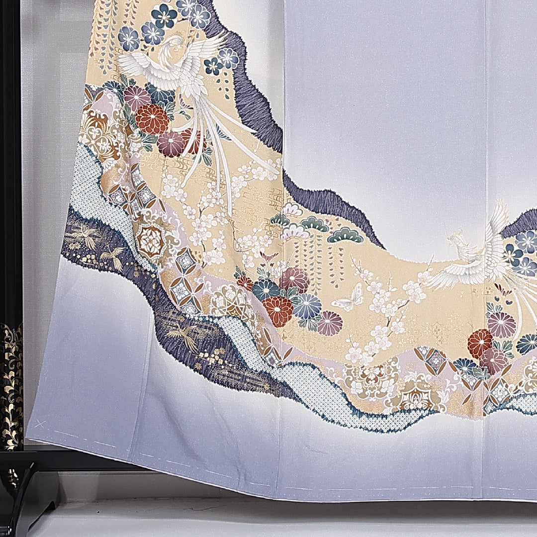 色留袖 身丈160cm 裄丈64.5cm 袷 一つ紋 四ツ目菱 正絹 Bランク 広衿 尾長鳥 アラベスク 1211-F0357