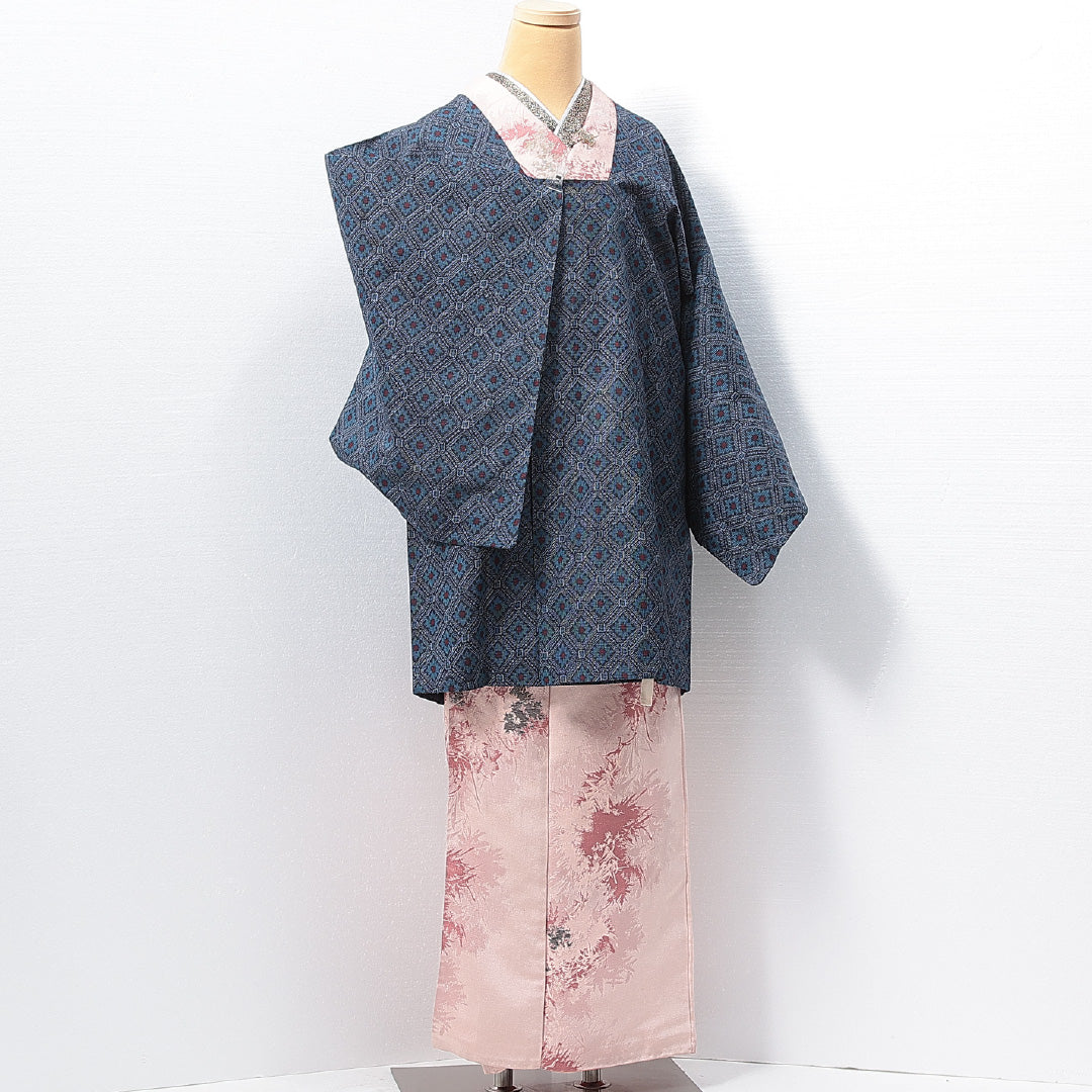 道行コート 袷 身丈88cm 裄丈66cm 正絹 Sランク セミフォーマル Mサイズ ポケットあり 花菱 紺系 RP 1237-14667