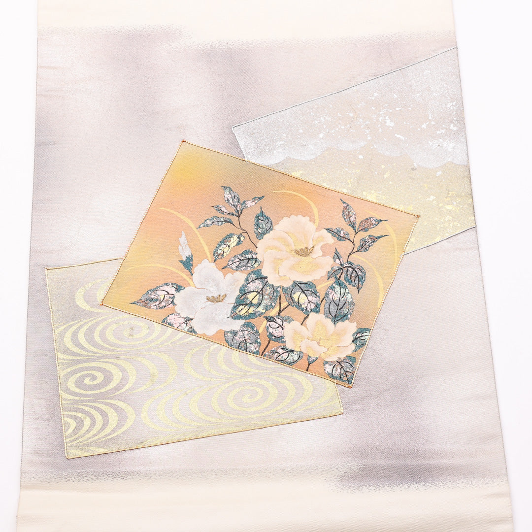 名古屋帯 帯丈338cm ポイント柄 名古屋仕立て Bランク セミフォーマル 金駒刺繍 引箔 金彩 牡丹 クリーム系 正絹 銀系 1224-00999